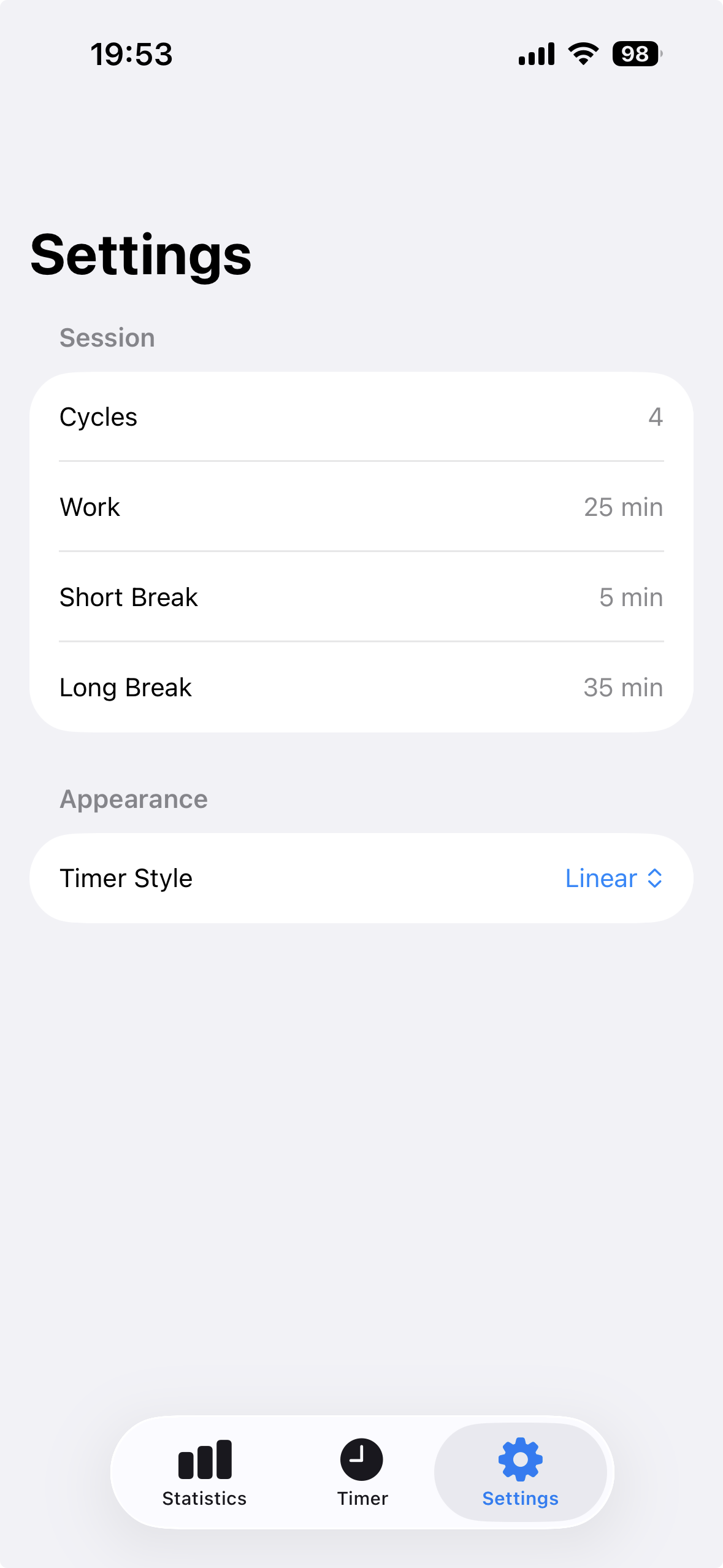 Pomodoro Timer — settings